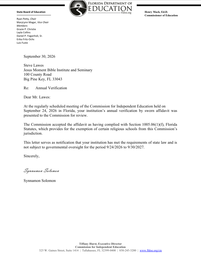Florida Department of Education Annual Verification Letter for Jesus Moment Bible Institute and Seminary